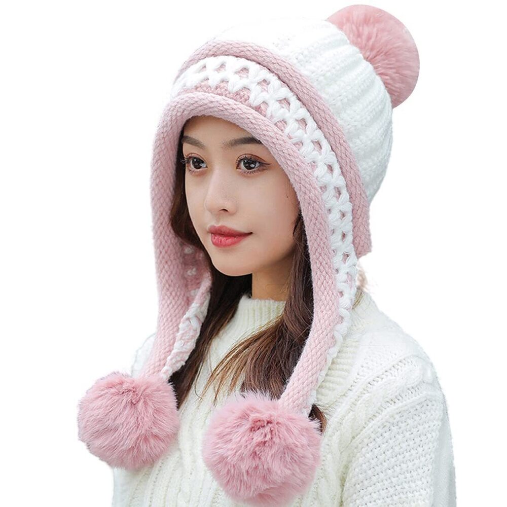 9491 Winter Beanie Hat Earflap Peruvian Warm Slouchy Fleece Lined 3 Pom